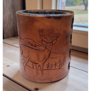 Vintage Free-Zee Hand Tooled Leather Deer Buck Drink Coozie Holder Country READ